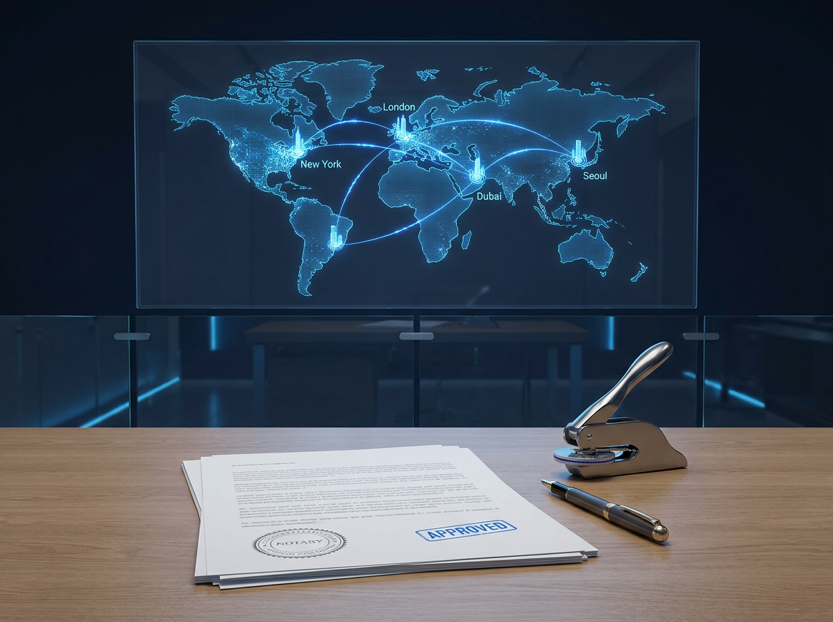Apostille notary seal with world map — international document authentication